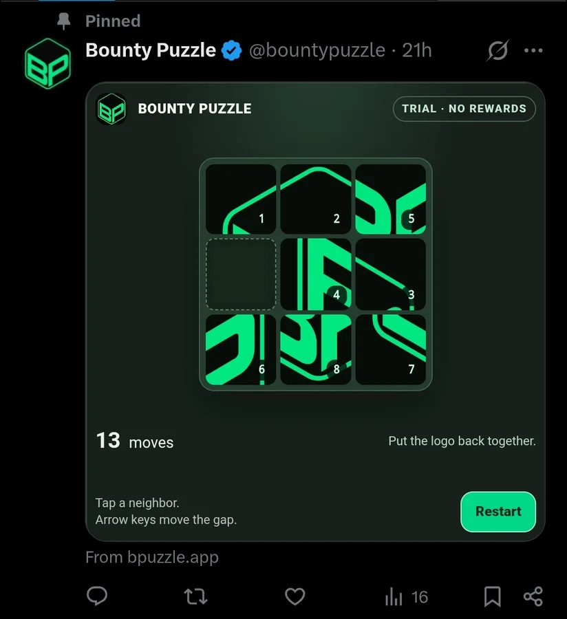 Tweet with bounty puzzle test embedded and playable